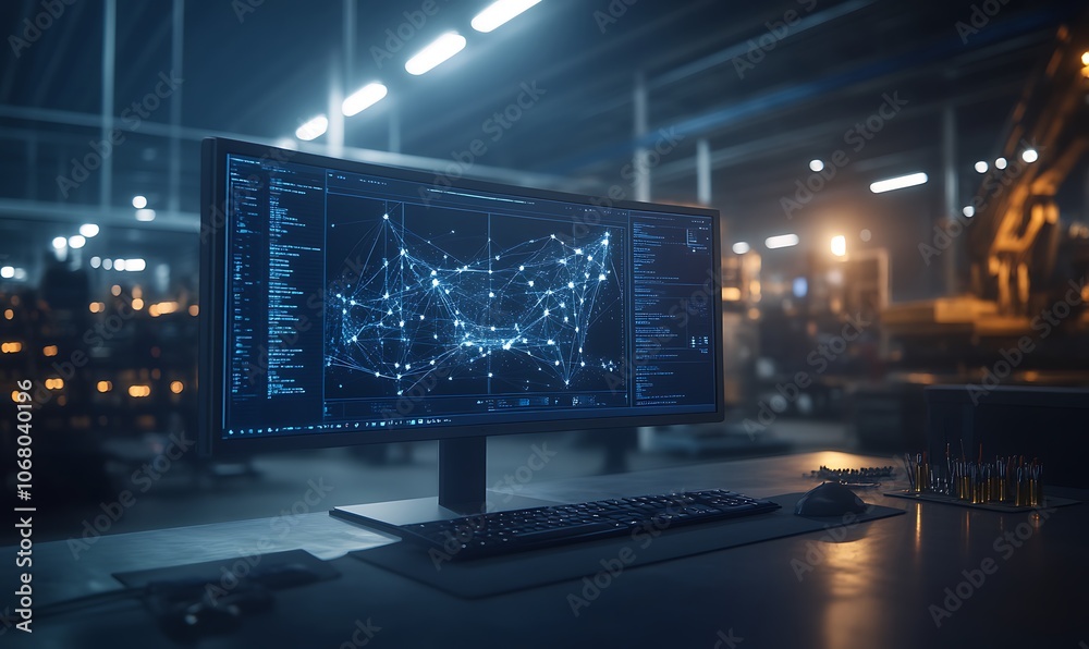 Poster A modern workspace features a sleek monitor displaying a dynamic network visualization, illuminated in a high-tech industrial environment.