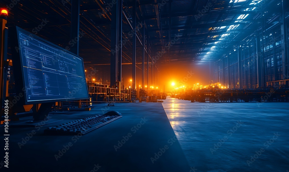 Poster a dimly lit industrial space, showcasing beams of light and shadows, with a focus on empty areas and