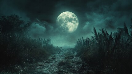 Fototapeta premium A full moon hangs over a misty path through the forest.