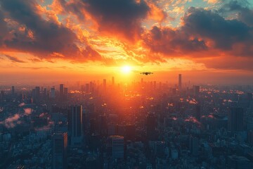 City skyline at sunset with vivid colors.