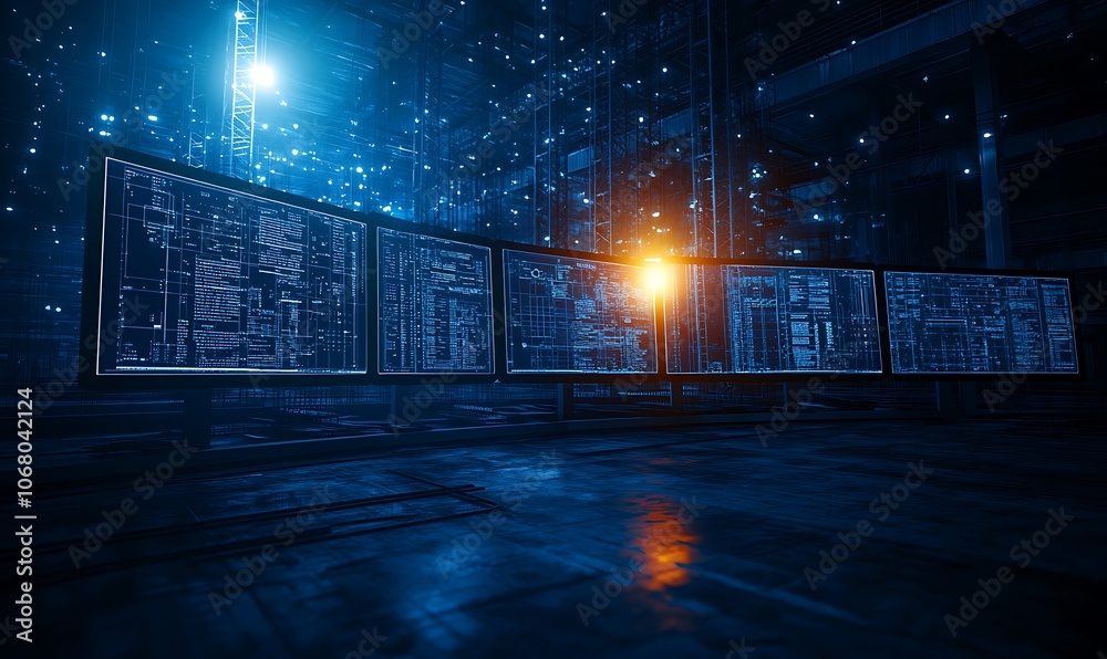 Poster A futuristic, digital space illuminated by blue lights and intricate patterns, creating a vibrant atmosphere that suggests advanced technology and data visualization.