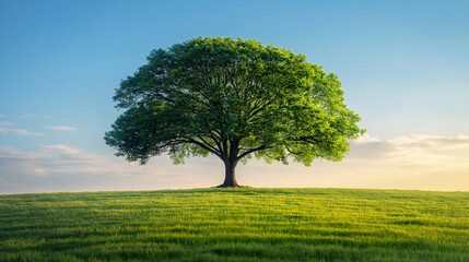  Large green tree on grassy hill under blue sky at sunset