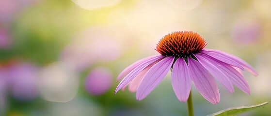 Obraz premium A vibrant purple coneflower in sharp focus, displaying bright pink petals and an orange center, standing out against a softly blurred green background, capturing the beauty of nature. 