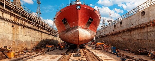 Expansive dry dock with ship under maintenance, hull exposed and structured, organized tools and equipment, bright sky, clean industrial scene