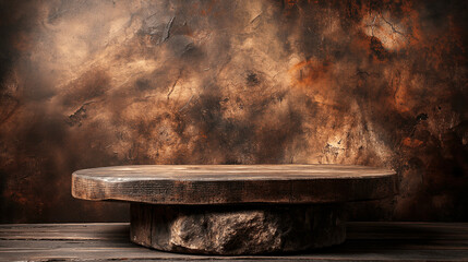Rustic wooden pedestal on dark textured background