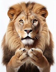 Fototapeta premium Surprised shocked lionshow hands for give up isolated on white background