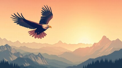 Fototapeta premium Majestic Eagle Soaring Over Serene Mountain Landscape