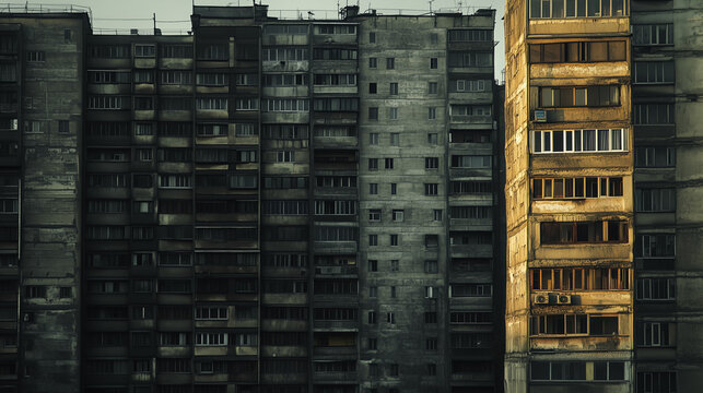 High-rise building facade in urban decay with late sunlight casting warm tones on aging concrete and windows - Powered by Adobe