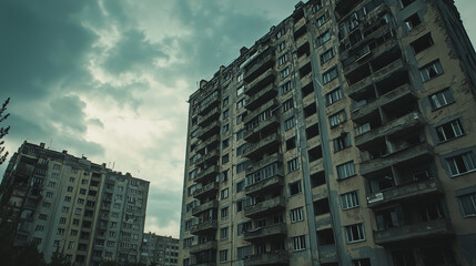 Naklejka premium Weathered high-rise apartments under cloudy sky evoke a post-apocalyptic atmosphere of urban decay