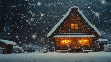 Snowy Traditional Japanese House in Winter Scene
