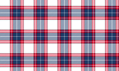 Plaid fabric pattern, white, blue, red, seamless for textiles, and for designing clothes, skirts or decorative fabrics. Vector illustration.
