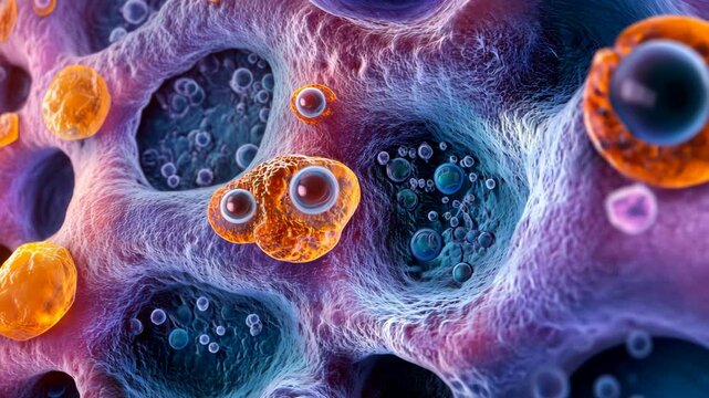 A close-up of a cell's interior, showing intricate structures and colorful organelles