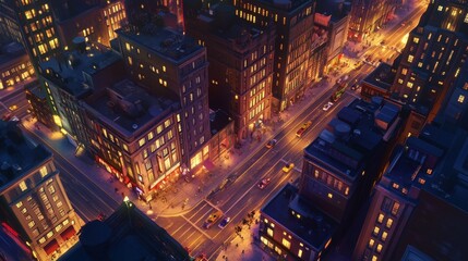 Obraz premium An aerial view of a vibrant cityscape at night, with towering skyscrapers, bustling streets, and dynamic lighting casting long shadows across the buildings, enhancing the urban atmosphere. 