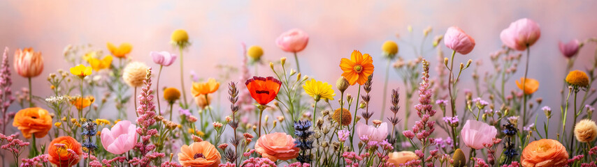 Obraz premium Colorful wildflower field in soft pink and orange sunset light