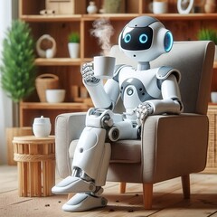 Ai robot sitting on chair, drinking coffee 
