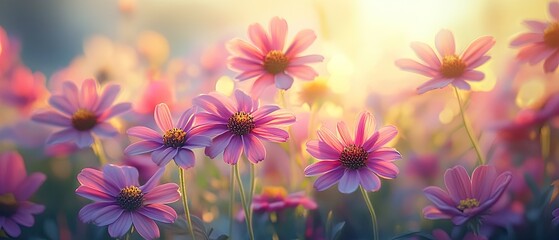 Soft pink flowers with blurred background at sunrise.