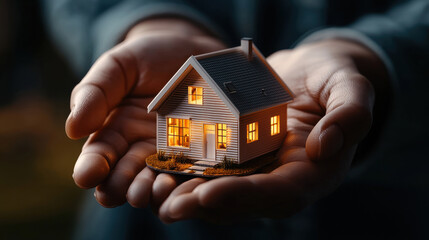 Hand holding a miniature house model