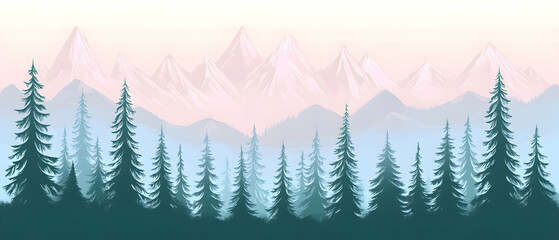 Silhouette of a pine forest with a mountain range in the background.