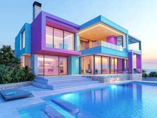 Realistic evening image of a vibrant house with pool.