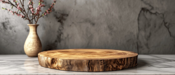 Rustic wooden cutting board with vase and flowers on marble countertop. Copy space. Generative AI	