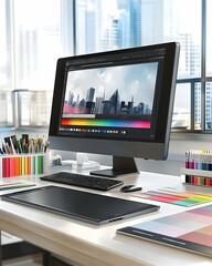 A clean modern workspace with a computer screen showing a photo editing program and a digital drawing tablet.