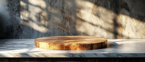 Fototapeta premium Rustic wooden cutting board on marble countertop with textured wall and sunlight shadows. Copy space. Generative AI 