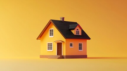 A small yellow house with a black roof and dormer window on a solid yellow background.