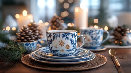 Fototapeta premium Cozy Scandinavian Style Christmas Table Setting with Festive