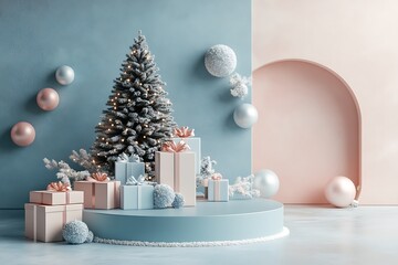 Pink and turquoise round gift boxes and red fir tree on teal background with copy space. Cute composition for Christmas and New Year card.