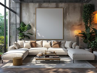 Modern living room with a sectional sofa, plants, and a large blank frame.