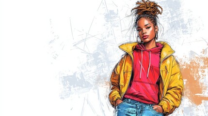 Fototapeta premium Young Woman in Vibrant Streetwear Against Urban Background