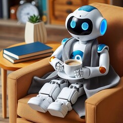 Mini ai robot drinking coffee 