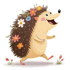 Cheerful hedgehog with flowers happily running in nature