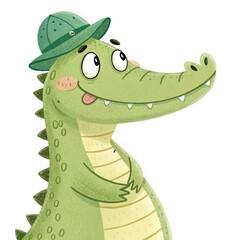 Naklejka premium Cartoon crocodile character in a safari hat