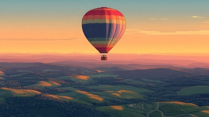 Obraz premium Colorful Hot Air Balloon Over Peaceful Green Valleys