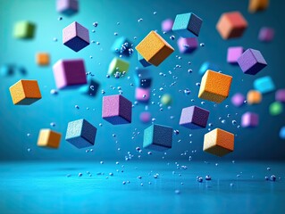 Colorful cubes falling with water drops. This abstract image symbolizes the concept of change and movement in business.