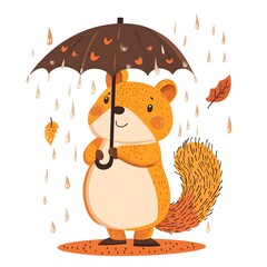 Naklejka premium A Cheerful Squirrel Holding an Umbrella Amid a Rainy Autumn Backdrop with Muted Colors and Flat Design