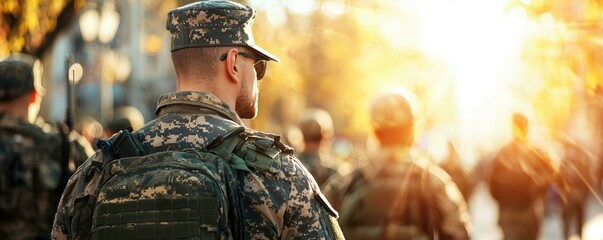 The rear view of a soldier in camouflage uniform with a backpack stands with his troop, showcasing classic Cold War era military uniforms in a soft focus setting.