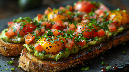 Indulge in a delightful avocado toast adorned with cherry tomatoes, chives, and black sesame seeds for a nutritious meal. Ideal for a wholesome breakfast or a tasty snack