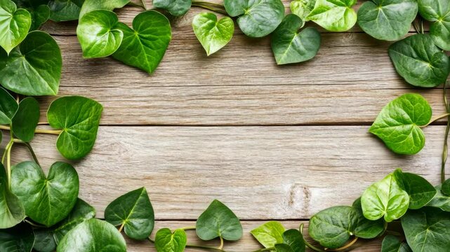 Green leaves frame a wooden surface, creating a natural border