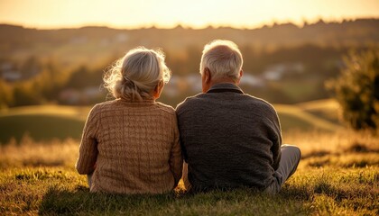 A couple sits together on a grassy hill, enjoying the sunset.