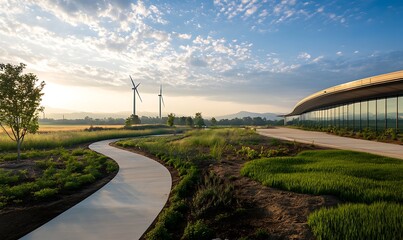 A serene landscape with curved paths, lush greenery, and modern architecture under a bright sky at dawn.