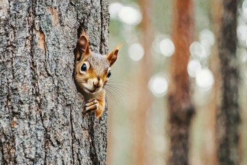 Obraz premium A Curious Squirrel Peeking Out From a Tree Trunk