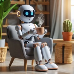 Ai mini robot sitting in an armchair, drinking coffee
