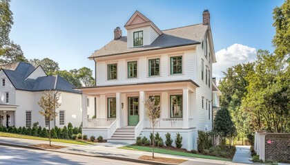 White Home with Blush and Green Details, Suburban Georgia, Sunny.