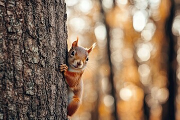 Curious Red Squirrel Peeking From Behind a Tree Trunk
