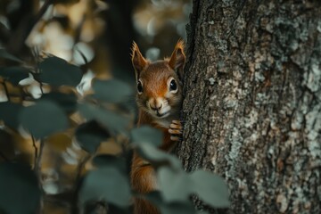 Fototapeta premium Red Squirrel Peeking from Behind a Tree Trunk