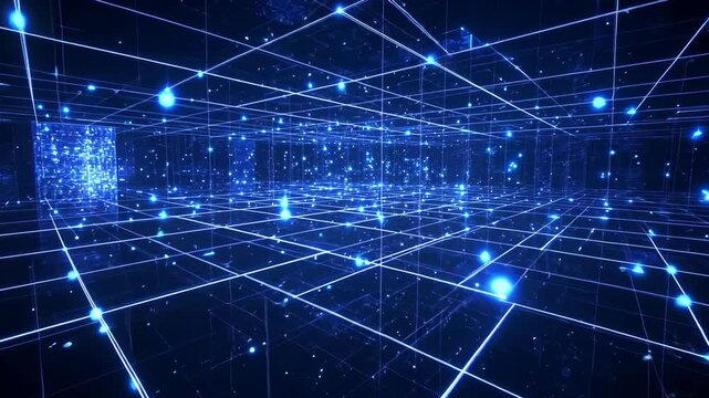 A grid of glowing blue lines creates a digital landscape, showcasing the interconnected nature of the digital world