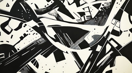 Abstract Black and White Transportation Linocut Art