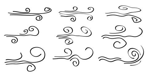 Doodle wind blow, gust design isolated on white background. vector hand drawn illustration